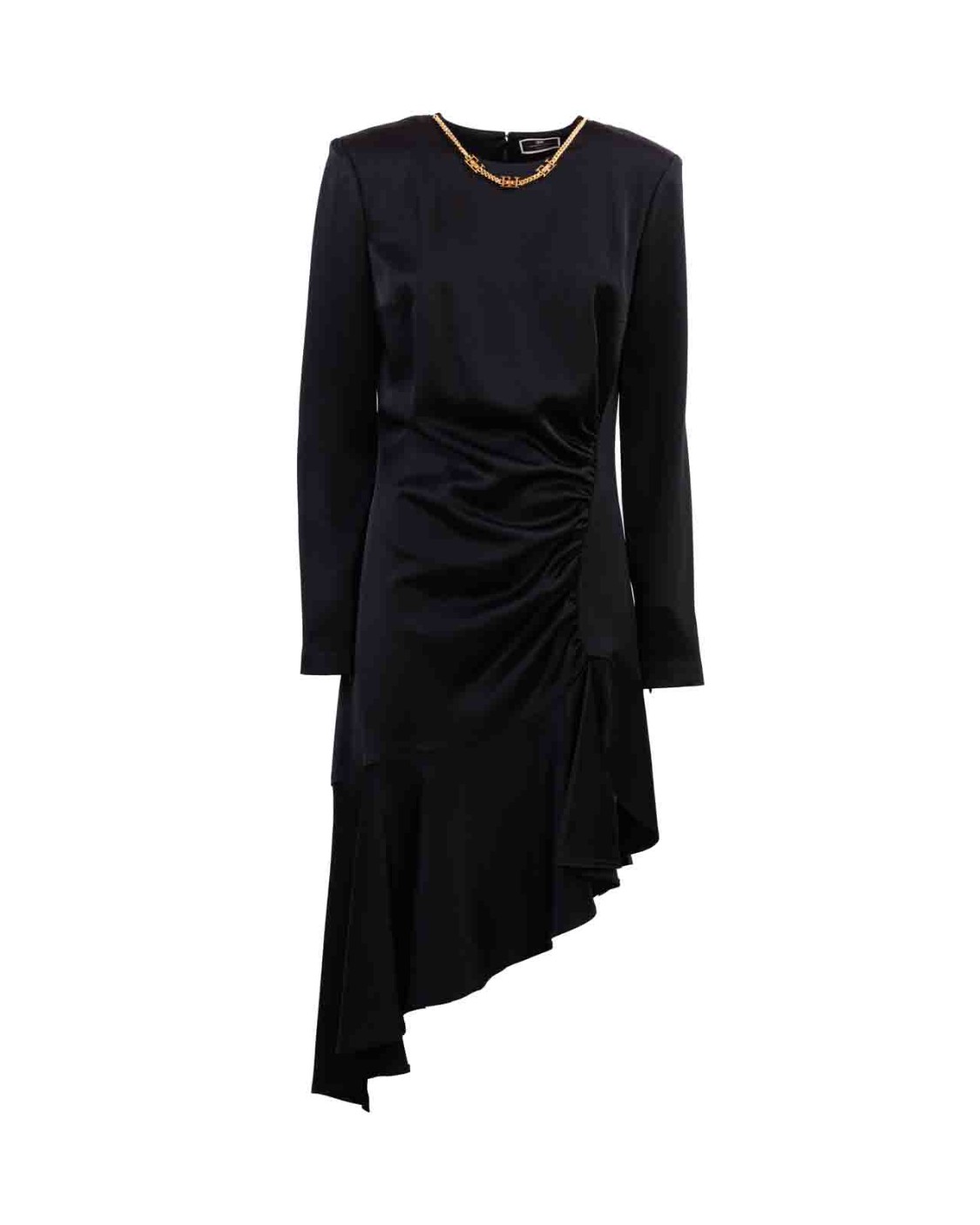 shop ELISABETTA FRANCHI Saldi Abito: Elisabetta Franchi abito asimmetrico in crêpe a girocollo.
Abito in crêpe satin arricciato con maniche lunghe. 
È caratterizzato da un drappeggio che parte dal fianco e termina con balza al fondo e impreziosito da un accessorio in metallo dorato e strass che ricrea un effetto collana.
Zip invisibile sulla schiena.
Accessorio in metallo dorato e strass.
Composizione: 66% Acetato 34% Viscosa.
Fabbricato in Italia.. AB43137E2-110 number 5494156
